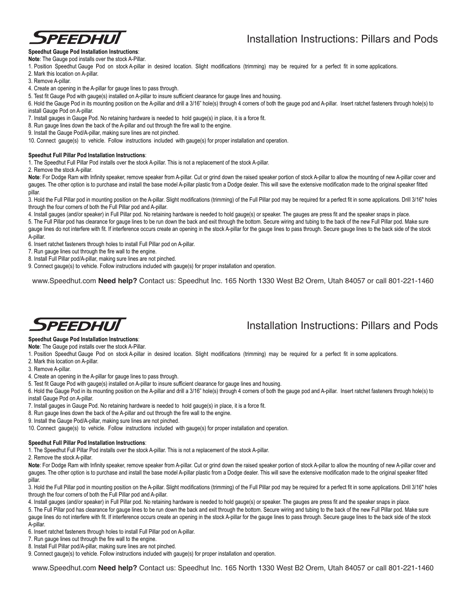 Speedhut Pillar and Pod installation User Manual | 1 page