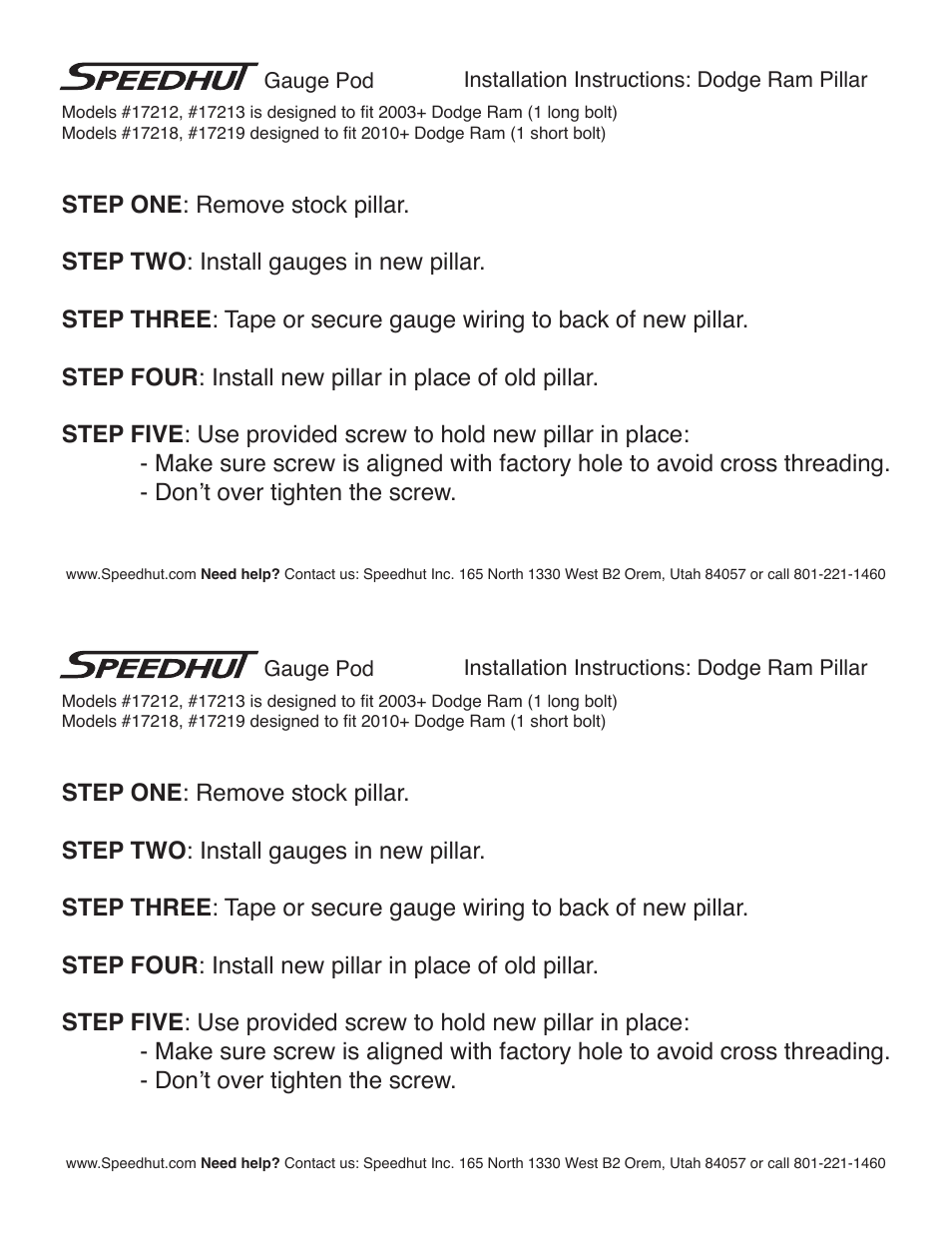 Speedhut 2003-2009 Dodge Ram and 2010-2012 Dodge Ram Pillar User Manual | 1 page