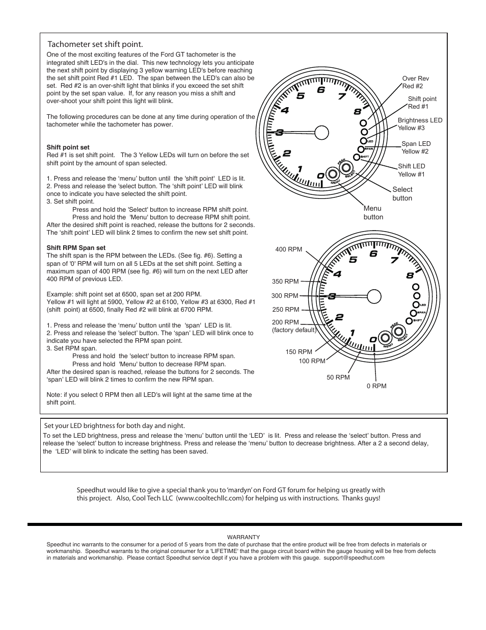 Tachometer set shift point | Speedhut Ford GT Series Gauge User Manual | Page 6 / 6