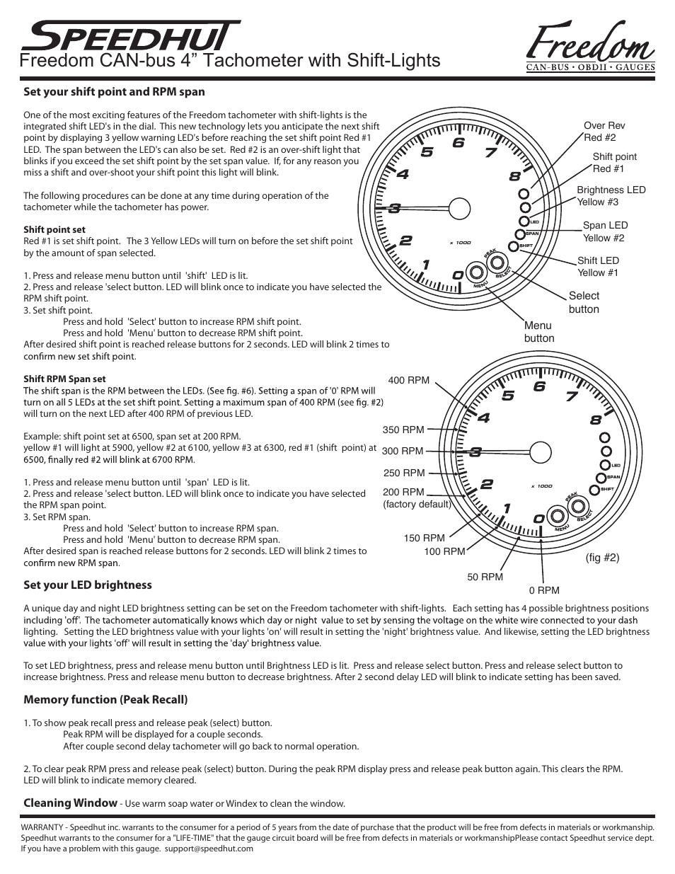 Speedhut Freedom Tachometers with built in Shift-light User Manual | 2 pages
