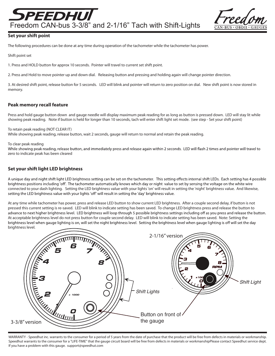 Speedhut Freedom Tachometers with built in Shift-light User Manual | Page 2 / 2