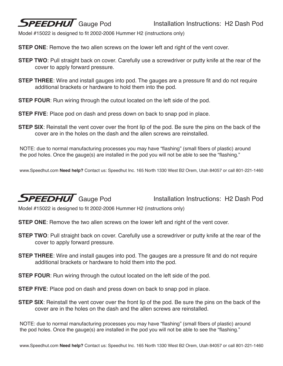 Speedhut 2002-2006 Hummer H2 Dual Dash Pod User Manual | 1 page