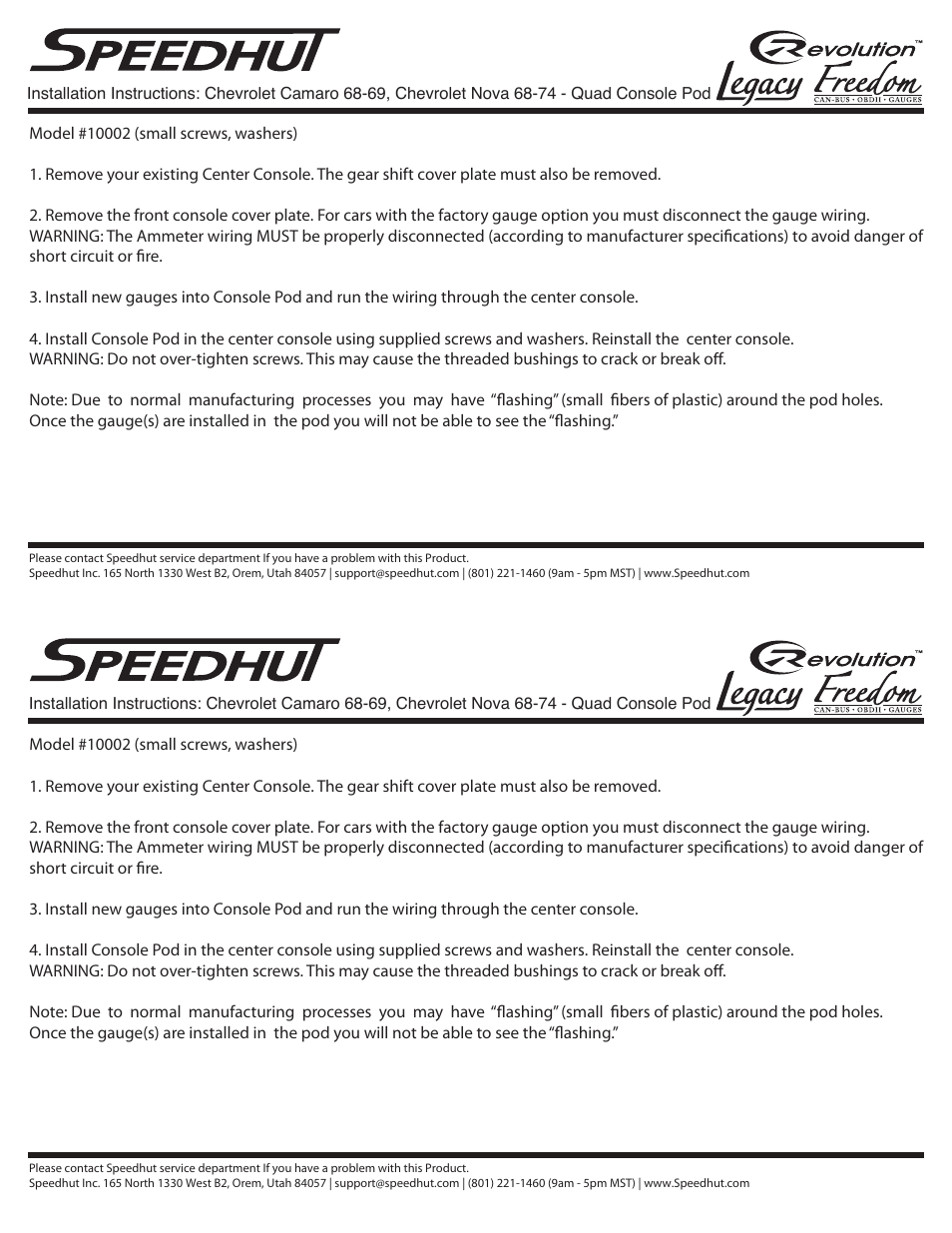 Speedhut 1968-1969 Chevrolet Camaro and 1968-1974 Chevrolet Nova Quad Console Pod User Manual | 1 page