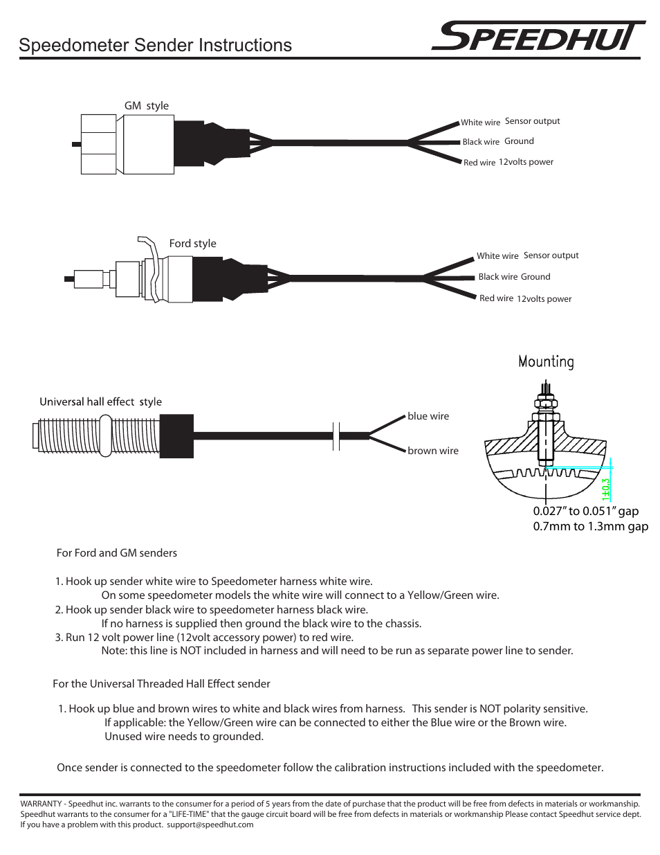 Speedhut Speedometer Sender User Manual | 1 page