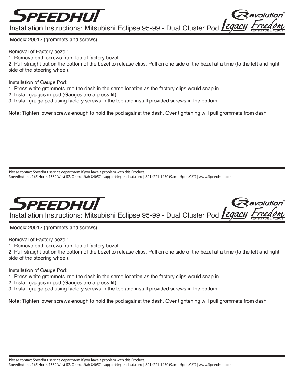 Speedhut 1995-1999 Mitsubishi Eclipse Dual Cluster Pod User Manual | 1 page