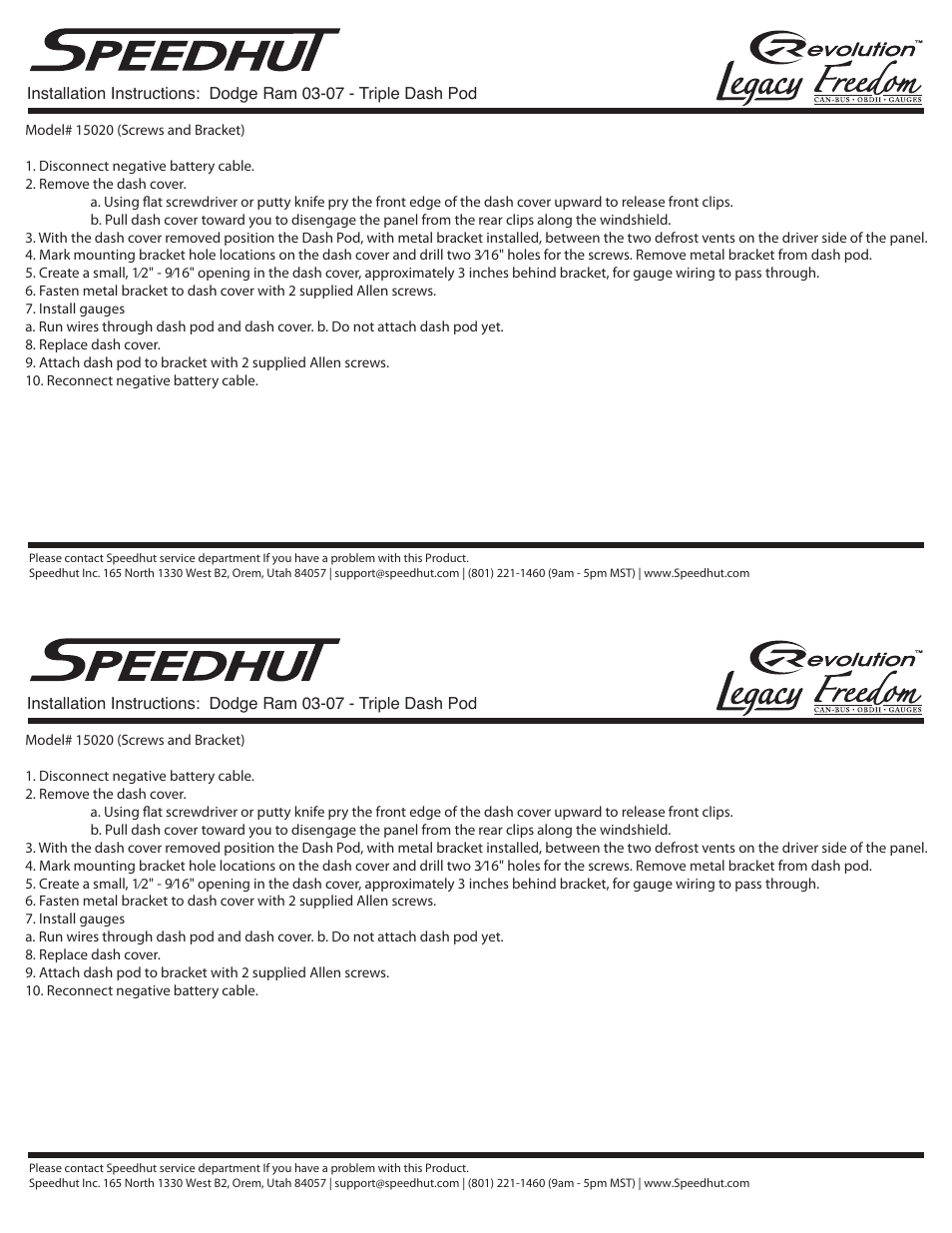 Speedhut 2003-2007 Dodge Ram Triple Dash Pod User Manual | 1 page