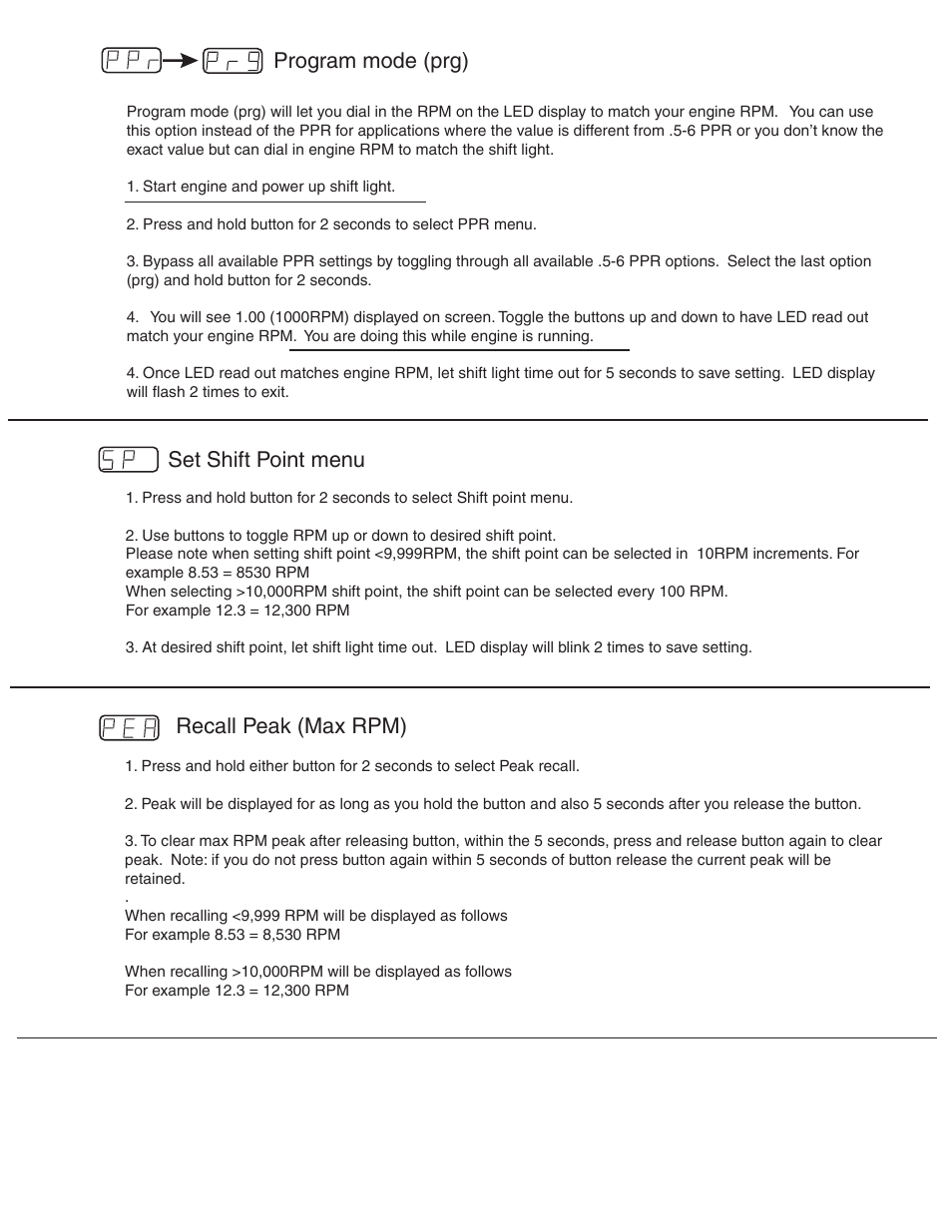 Program mode (prg) set shift point menu, Recall peak (max rpm) | Speedhut SST Shift-Light User Manual | Page 2 / 3