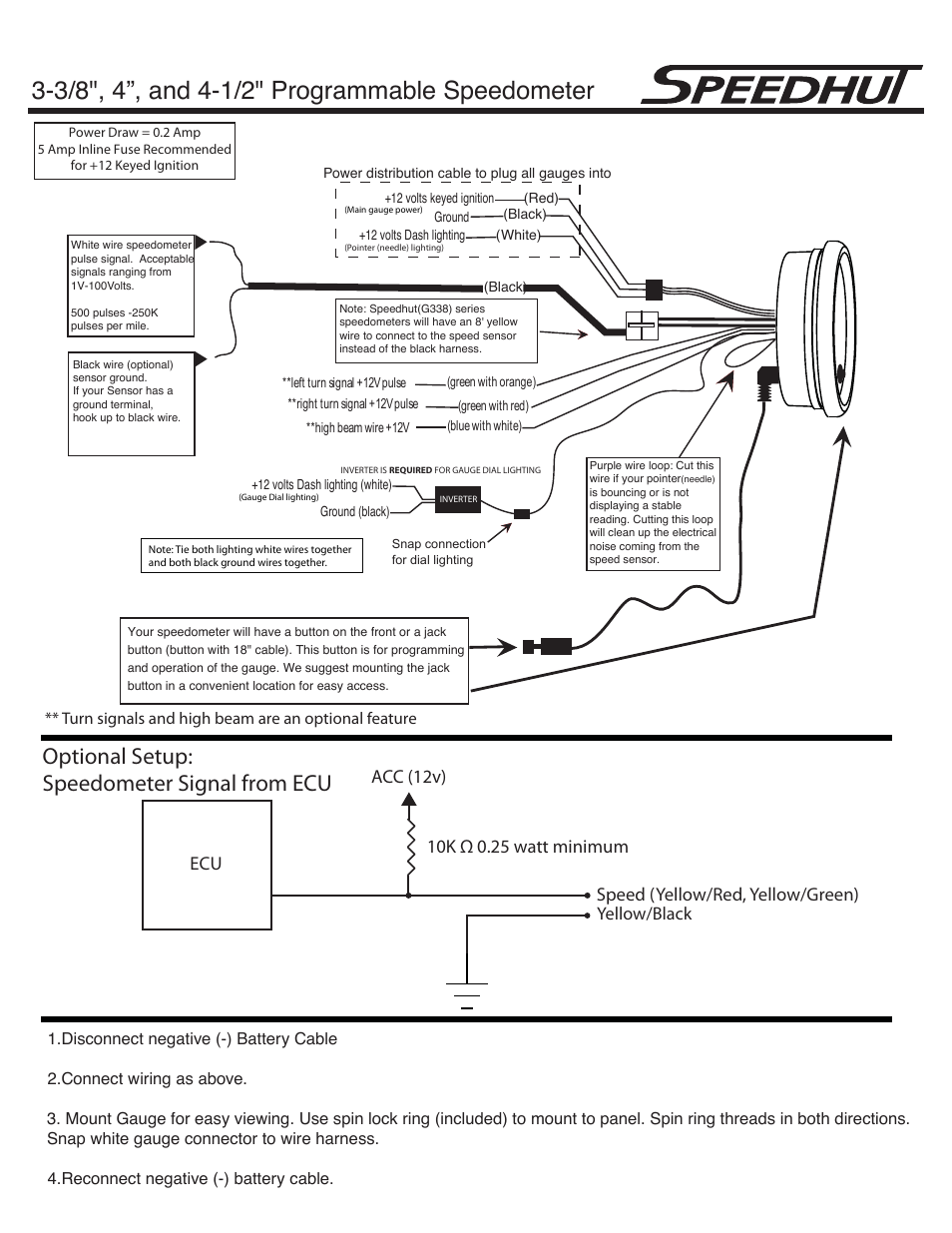 Speedhut 3-3_8 inch, 4 inch, & 4-1_2 inch Speedometer User Manual | 2 pages