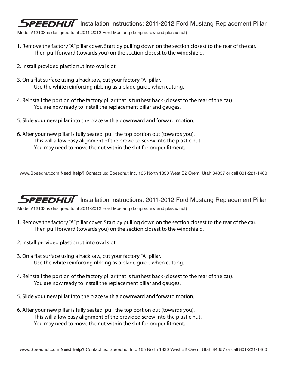 Speedhut 2011-2012 Ford Mustang Replacement Pillar User Manual | 1 page