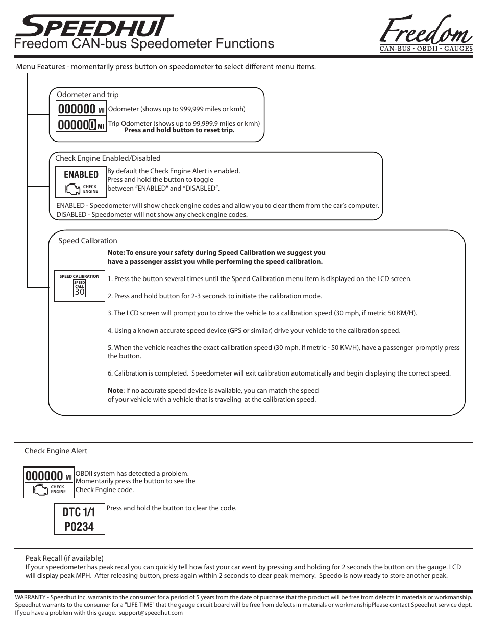 Freedom can-bus speedometer functions, P0234, Dtc 1/1 | Speedhut Freedom CAN-bus Gauge Installation User Manual | Page 2 / 2
