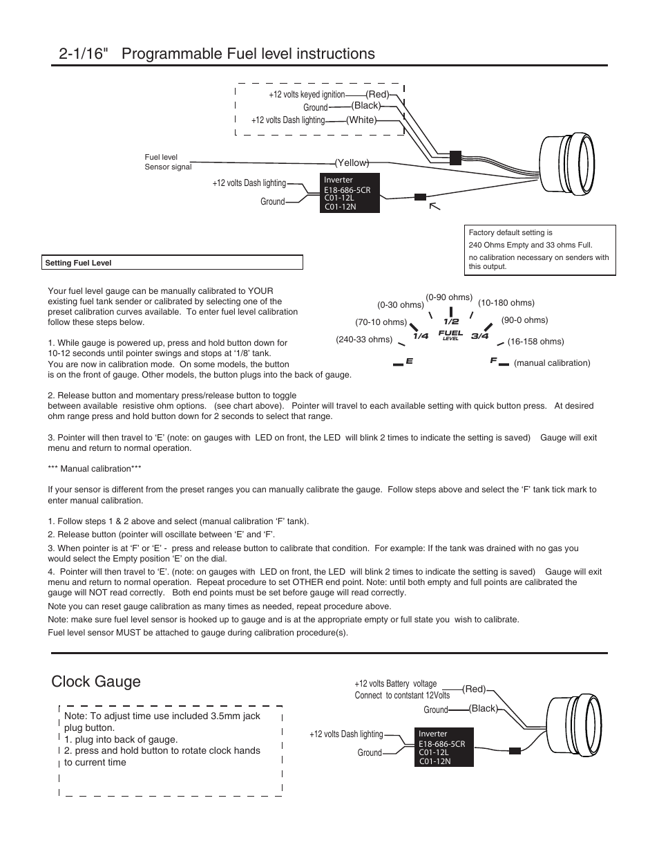 1/16" programmable fuel level instructions, Clock gauge | Speedhut 2-1_16 inch Speedhut Series User Manual | Page 2 / 2