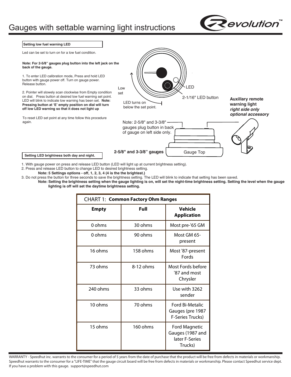 Gauges with settable warning light instructions, Chart 1 | Speedhut 2-1_16 inch, 2-5_8 inch, & 3-3_8 inch Programmable Fuel Level User Manual | Page 2 / 2