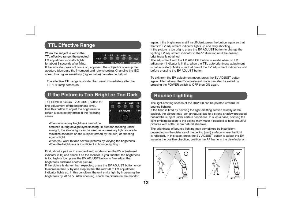 12 ttl effective range, If the picture is too bright or too dark, Bounce lighting | Sunpak RD2000 User Manual | Page 5 / 6