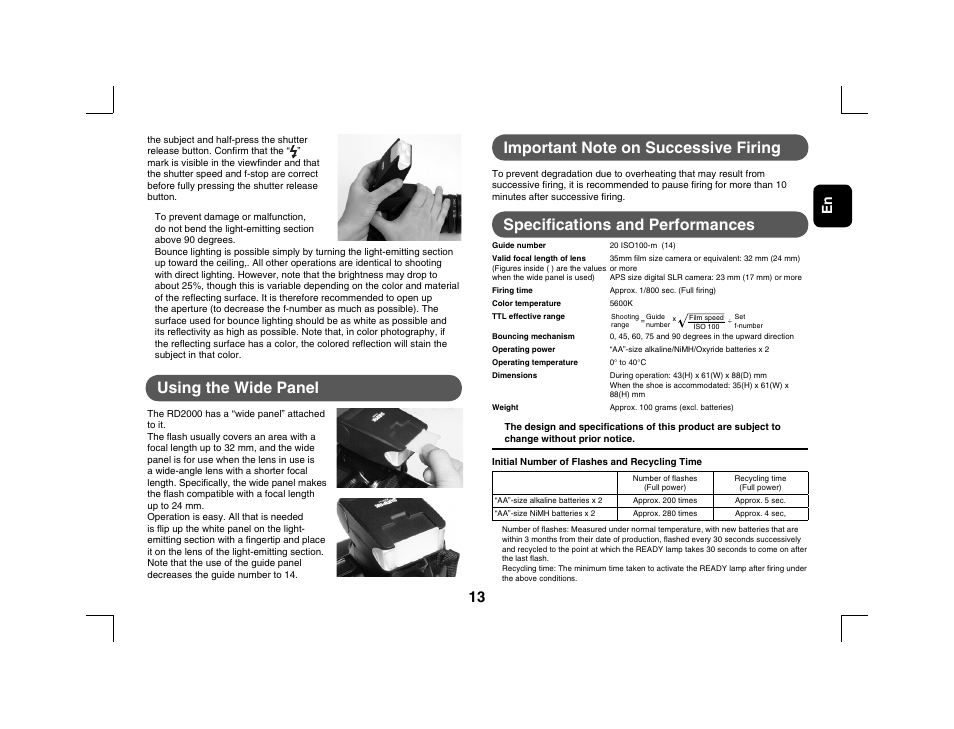 Using the wide panel, Specifi cations and performances | Sunpak RD2000 User Manual | Page 6 / 6