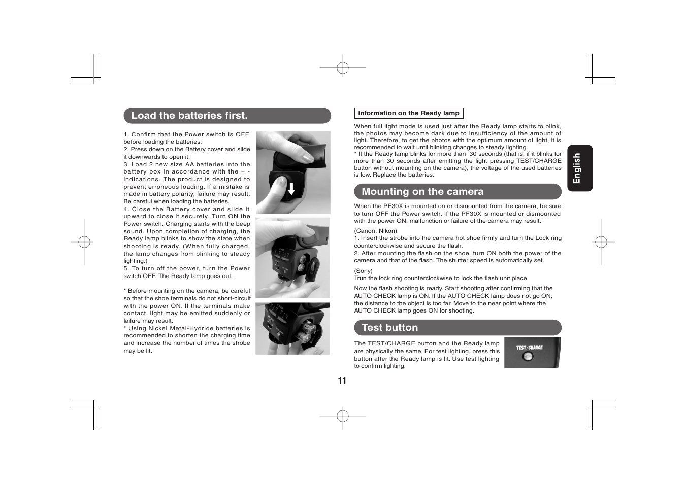 Load the batteries first, Mounting on the camera, Test button | Sunpak PF30X User Manual | Page 5 / 9