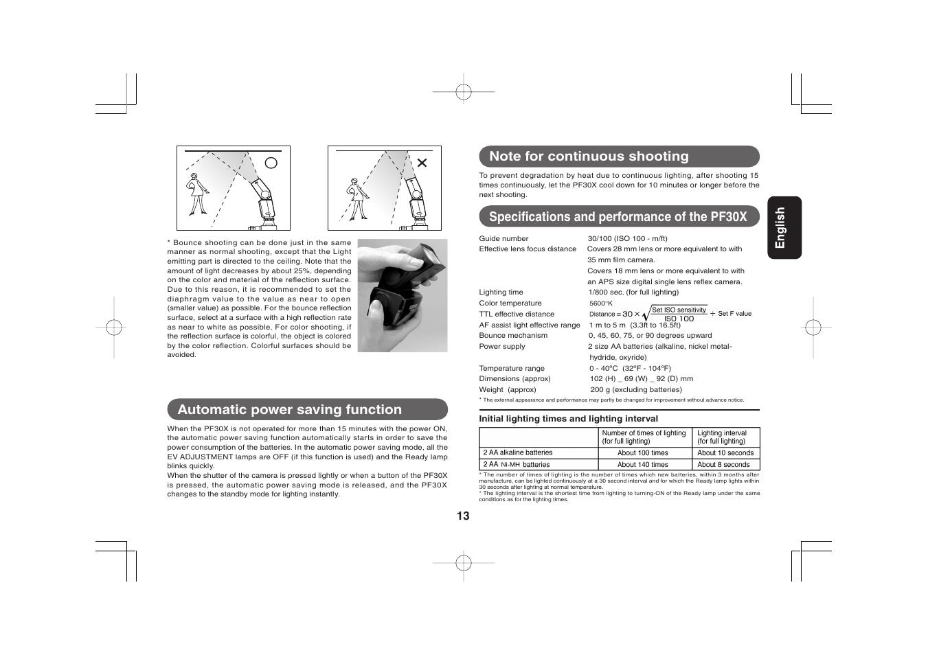 Automatic power saving function | Sunpak PF30X User Manual | Page 6 / 9