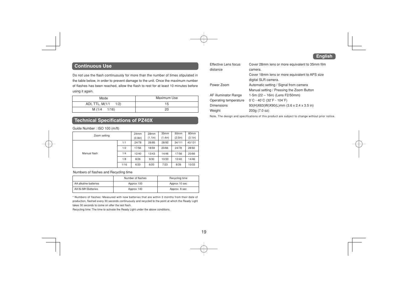 Continuous use, Technical specifications of pz40x | Sunpak PZ40X SO User Manual | Page 10 / 11