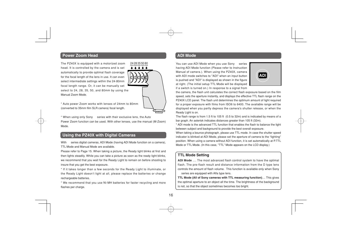 Power zoom head, Adi mode, Using the pz40x with digital cameras | Sunpak PZ40X SO User Manual | Page 7 / 11