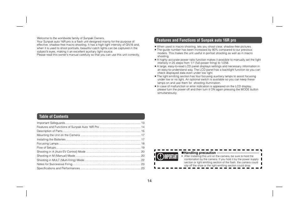 Important | Sunpak auto 16R pro User Manual | Page 2 / 11