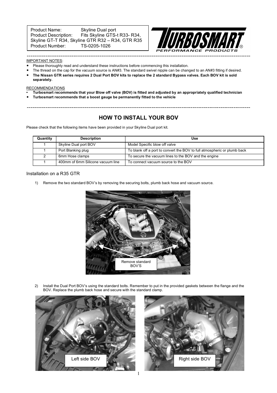 Turbosmart BLOW OFF & BYPASS VALVE KITS - Dual Port for: Nissan (Skyline GT-S and GT-R: R32, R33, R34, R35 – excluding R32GTS-t) User Manual | 4 pages