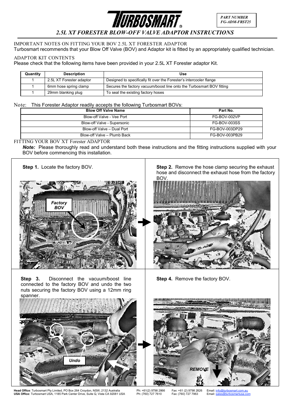 Turbosmart BOV ADAPTERS - Subaru Forester 2.5 User Manual | 3 pages