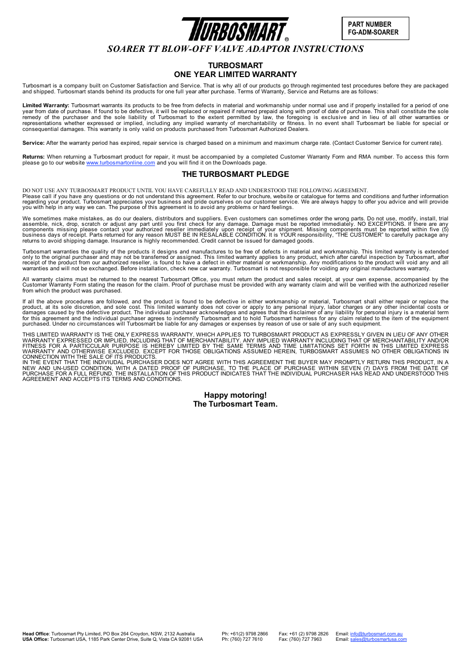 Soarer tt blow-off valve adaptor instructions, Turbosmart one year limited warranty, The turbosmart pledge | Happy motoring! the turbosmart team | Turbosmart BOV ADAPTERS - Toyota Soarer User Manual | Page 7 / 7