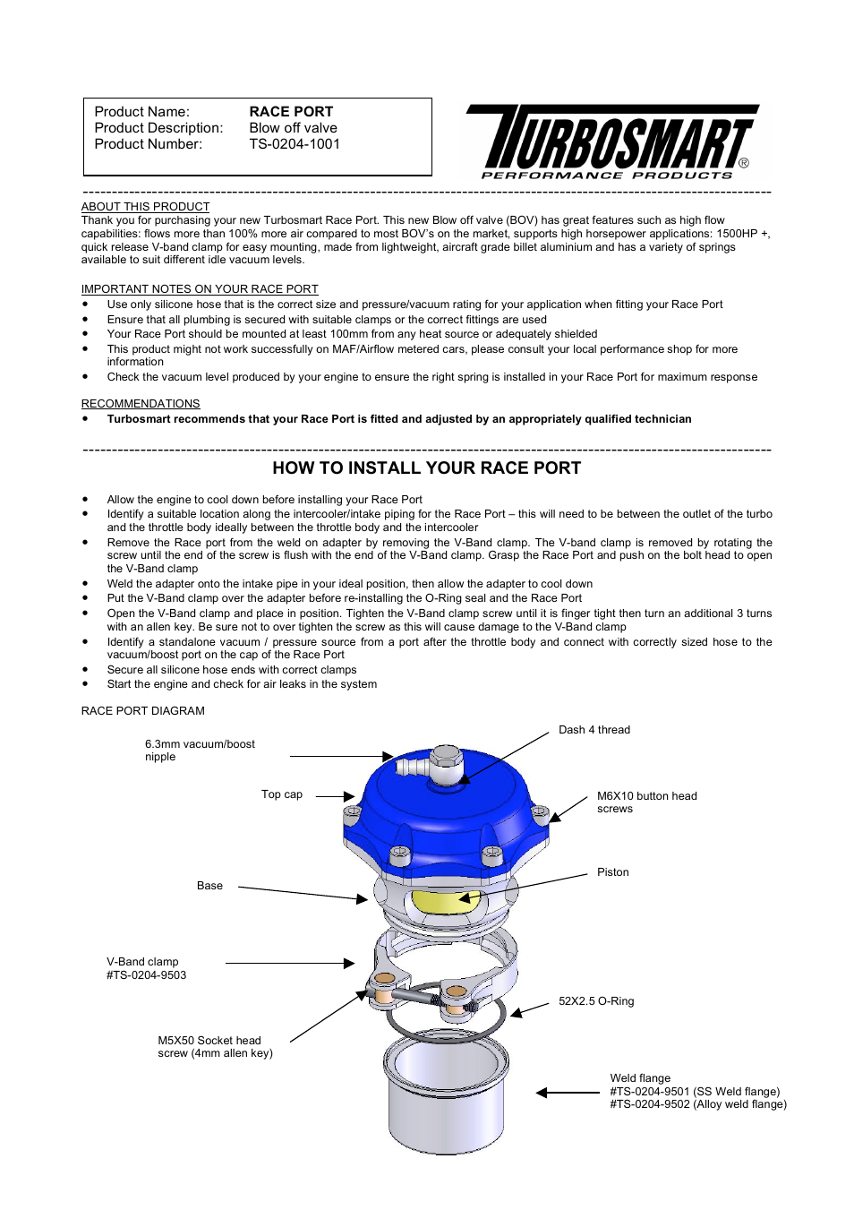 Turbosmart BLOW OFF VALVES - Race Port – Universal User Manual | 2 pages