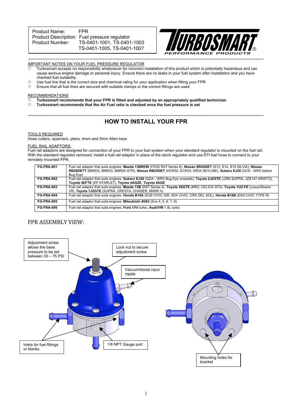 Turbosmart FUEL PRESSURE REGULATORS - FPR Series: FPR800, 1200, 2000, 3000 User Manual | 3 pages
