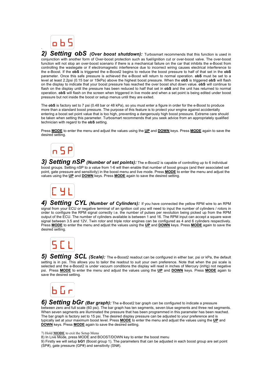 2) setting obs, 3) setting nsp, 4) setting cyl | 5) setting scl, 6) setting bgr | Turbosmart BOOST CONTROLLERS – ELECTRONIC - e-Boost2 (2005-current) – Quickstart Guide User Manual | Page 2 / 3