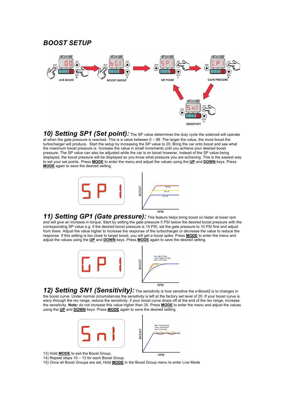 Boost setup, 10) setting sp1 (set point), 11) setting gp1 (gate pressure) | 12) setting sn1 (sensitivity) | Turbosmart BOOST CONTROLLERS – ELECTRONIC - e-Boost2 (2005-current) – Quickstart Guide User Manual | Page 3 / 3