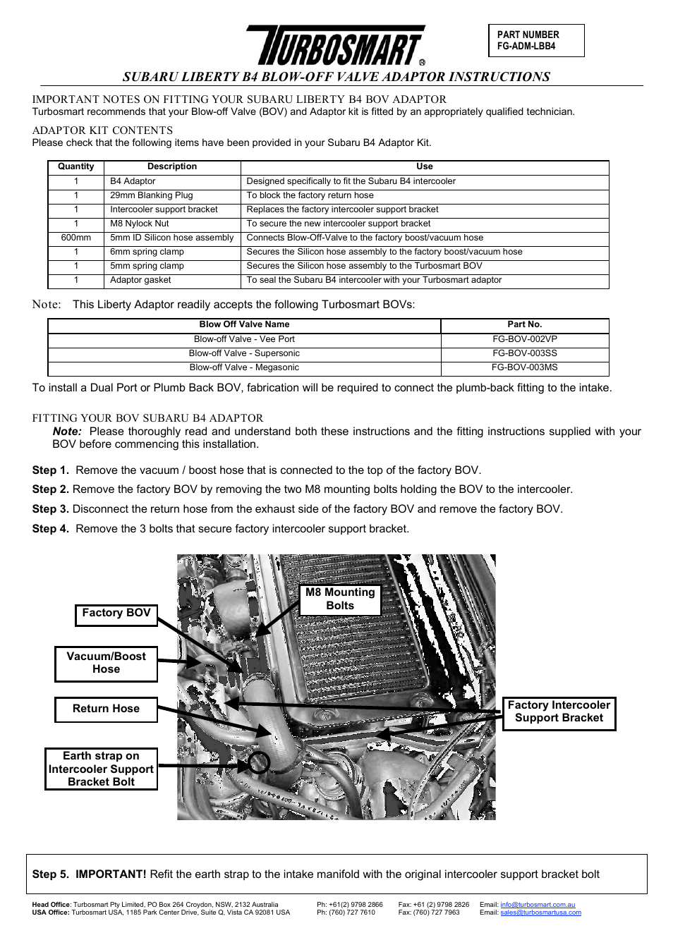 Turbosmart BOV ADAPTERS - Subaru Liberty (Legacy) B4 User Manual | 4 pages