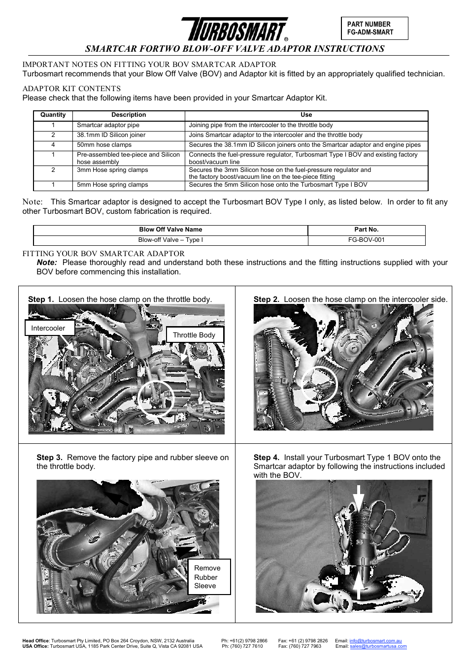 Turbosmart BOV ADAPTERS - Smart User Manual | 4 pages