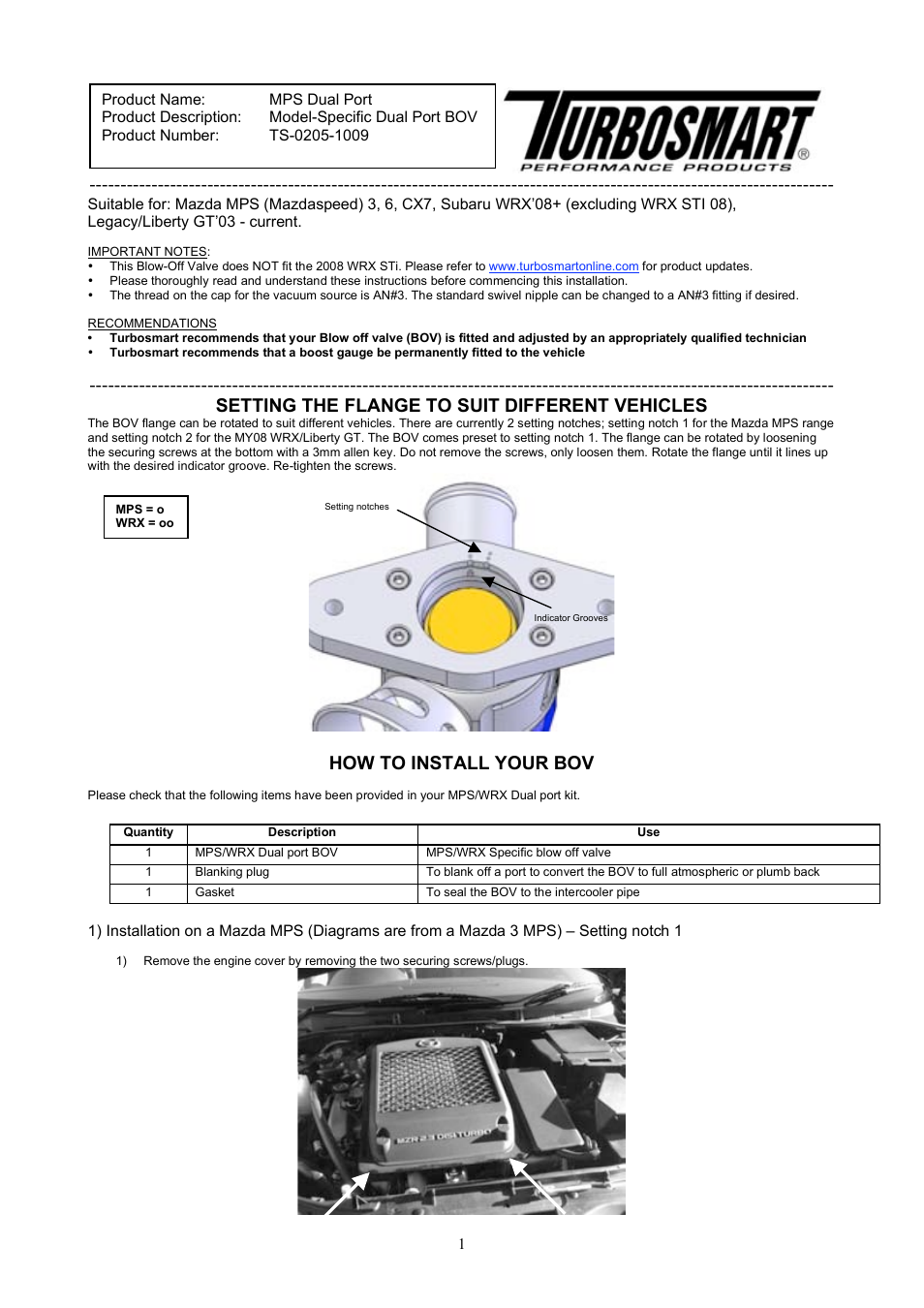 Turbosmart BLOW OFF & BYPASS VALVE KITS - Dual Port for: Subaru WRX (08+), Liberty_Legacy, Mazdaspeed_MPS 3, 6, CX7 User Manual | 6 pages