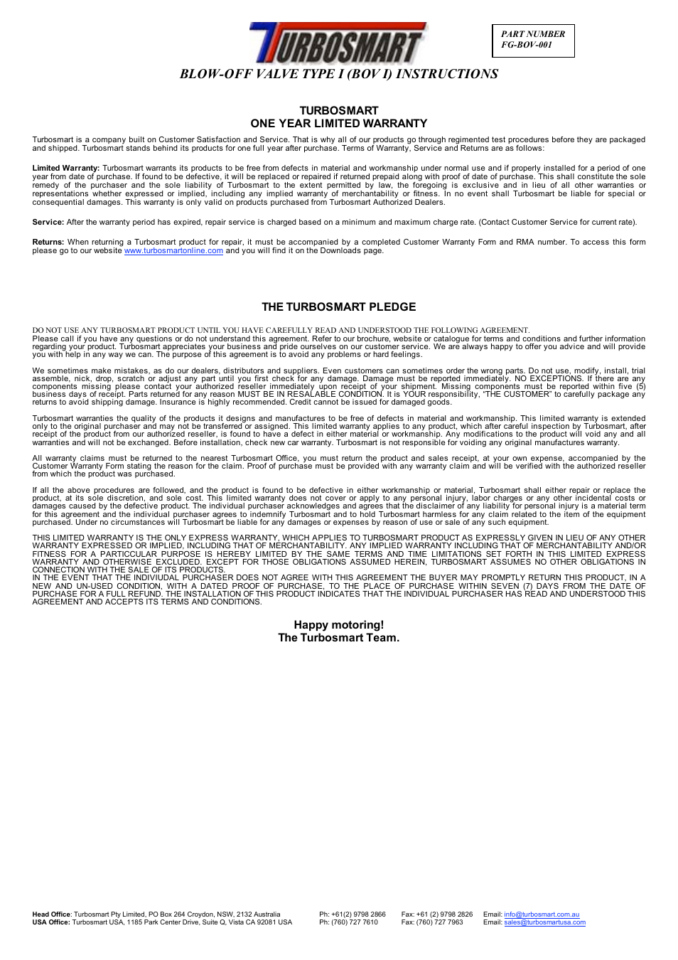 Blow-off valve type i (bov i) instructions, Turbosmart one year limited warranty, The turbosmart pledge | Happy motoring! the turbosmart team | Turbosmart BLOW OFF VALVES - Type 1 – Universal User Manual | Page 2 / 2