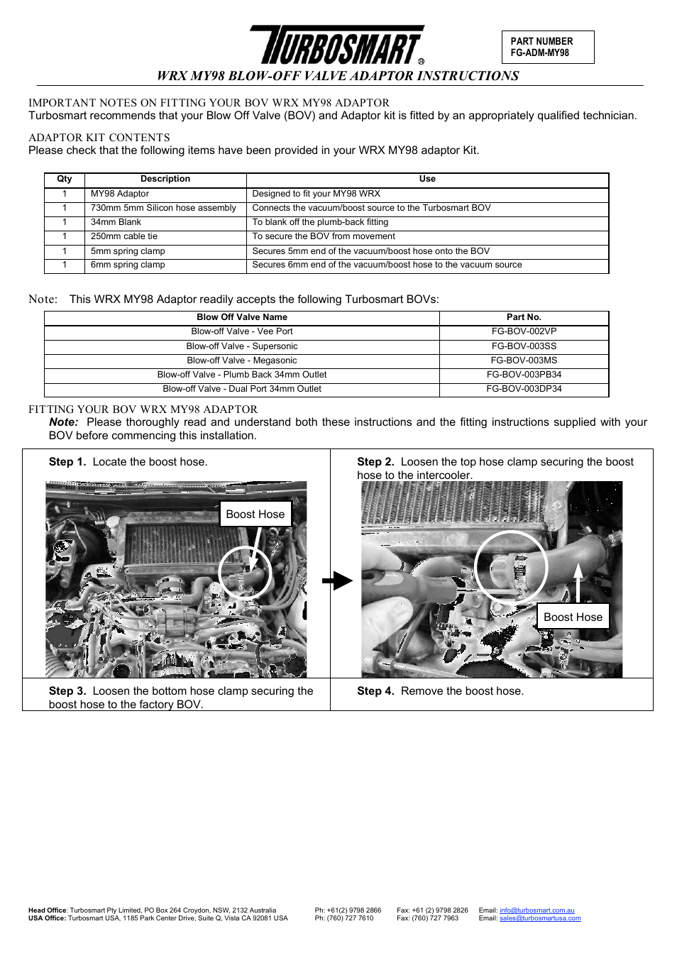 Turbosmart BOV ADAPTERS - Subaru WRX MY98 User Manual | 6 pages