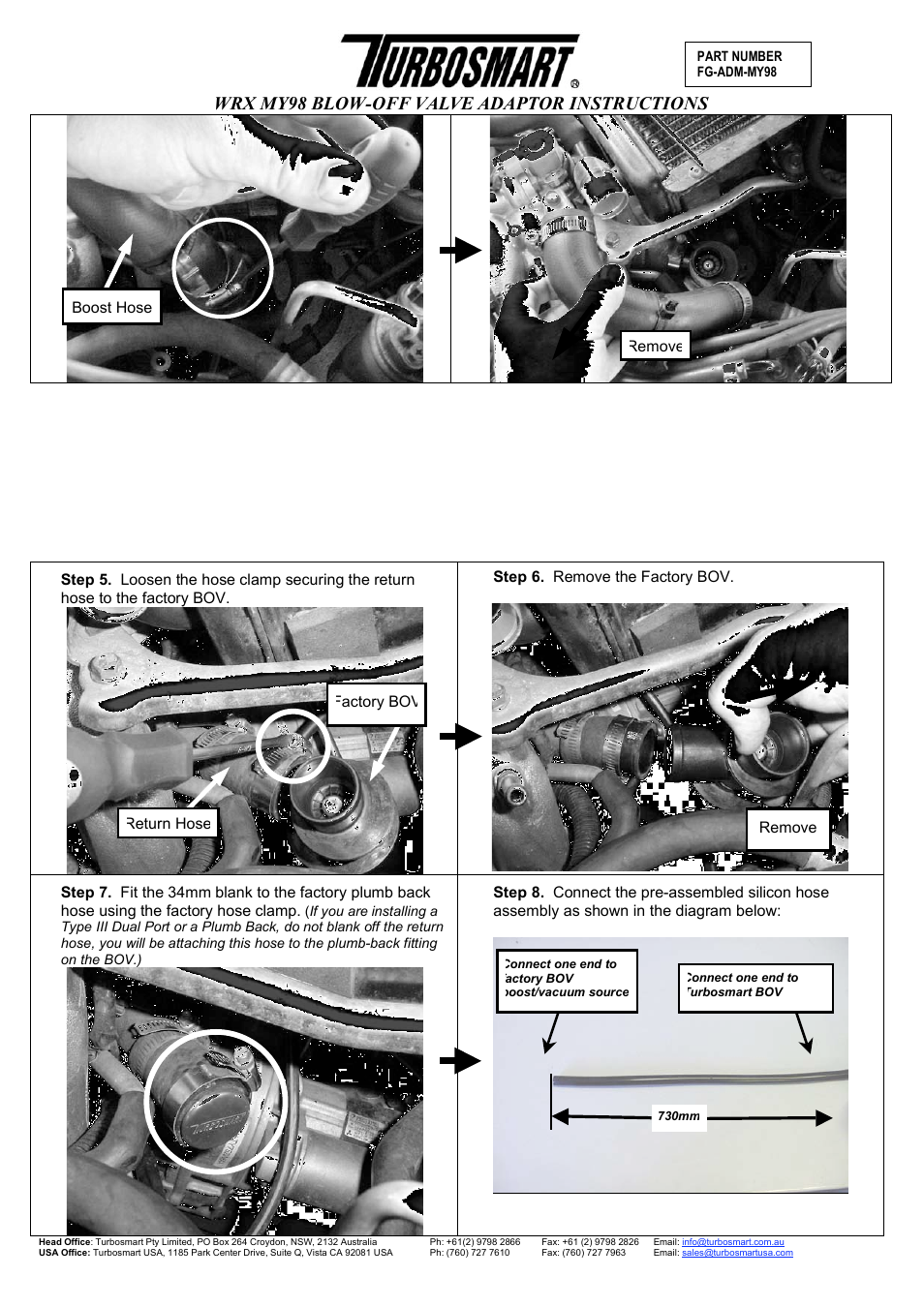 Wrx my98 blow-off valve adaptor instructions, Step 6. remove the factory bov, Remove | Remove factory bov return hose boost hose | Turbosmart BOV ADAPTERS - Subaru WRX MY98 User Manual | Page 2 / 6