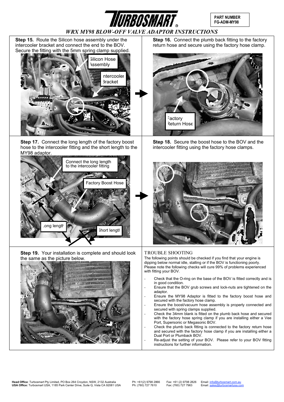 Wrx my98 blow-off valve adaptor instructions, Trouble shooting, Factory return hose | Intercooler bracket silicon hose assembly | Turbosmart BOV ADAPTERS - Subaru WRX MY98 User Manual | Page 5 / 6
