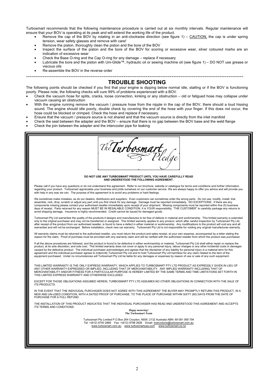 Trouble shooting | Turbosmart BLOW OFF VALVES - Dual Port – Universal User Manual | Page 2 / 2