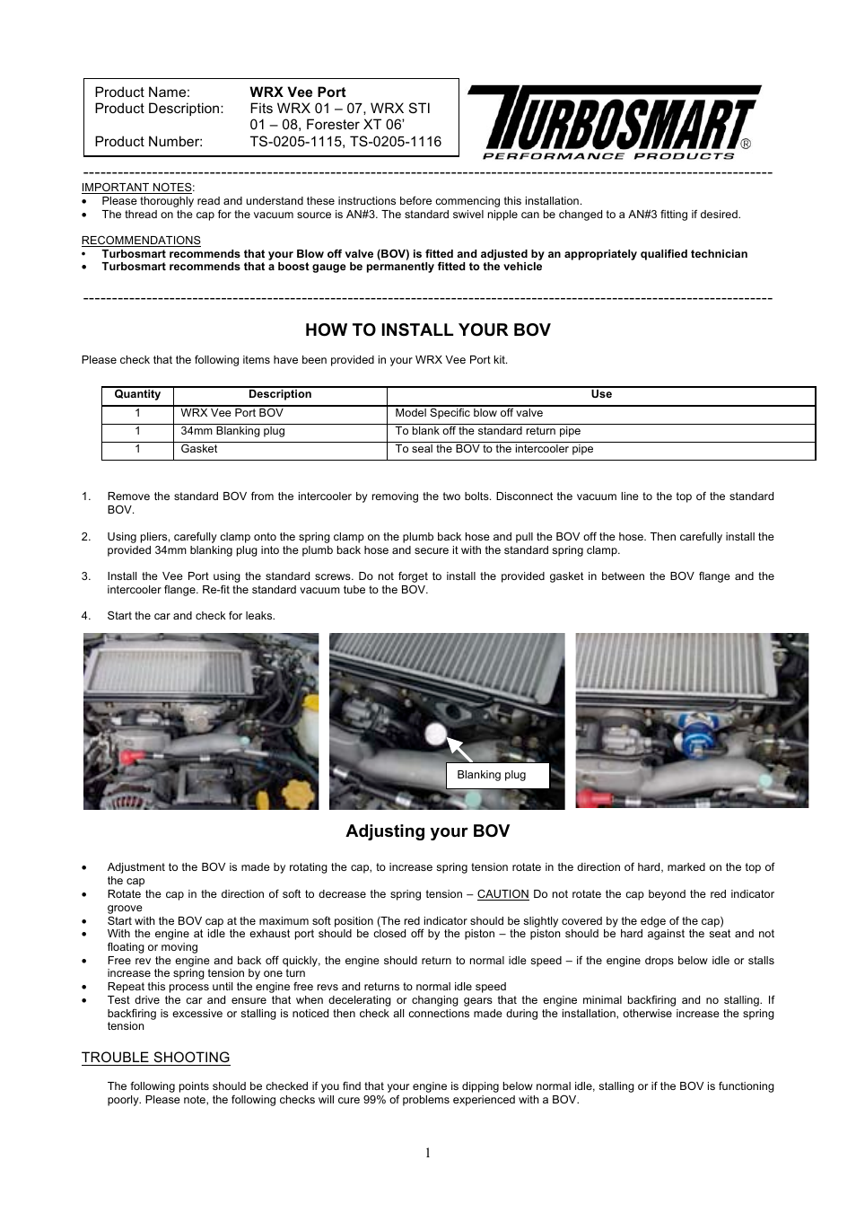 Turbosmart BLOW OFF & BYPASS VALVE KITS - Vee Port for Subaru WRX (01-07), STI (01-08), Forester XT (06) User Manual | 2 pages