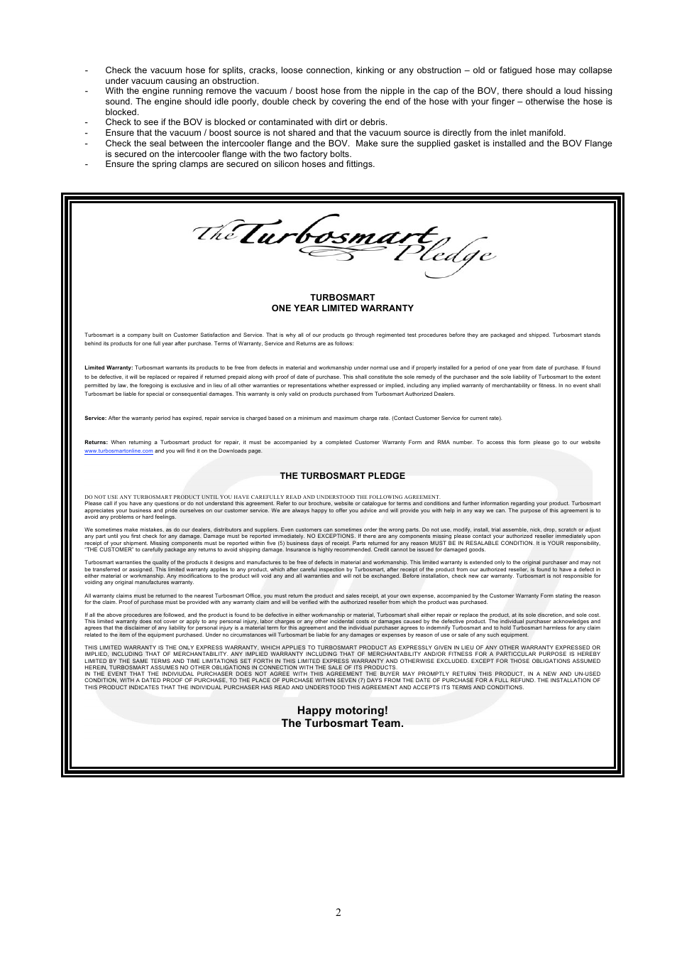 Turbosmart BLOW OFF & BYPASS VALVE KITS - Vee Port for Subaru WRX (01-07), STI (01-08), Forester XT (06) User Manual | Page 2 / 2