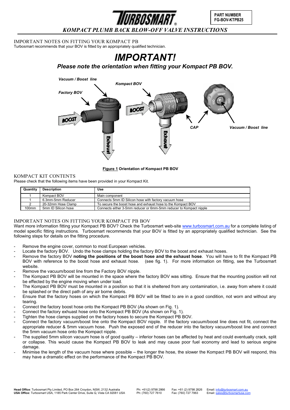 Turbosmart BLOW OFF VALVES - Plumb Back – Kompact User Manual | 3 pages