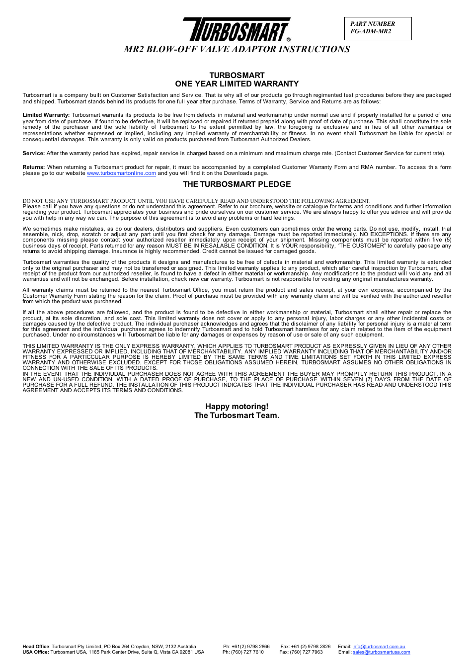 Mr2 blow-off valve adaptor instructions, Turbosmart one year limited warranty, The turbosmart pledge | Happy motoring! the turbosmart team | Turbosmart BOV ADAPTERS - Toyota MR2 User Manual | Page 4 / 4