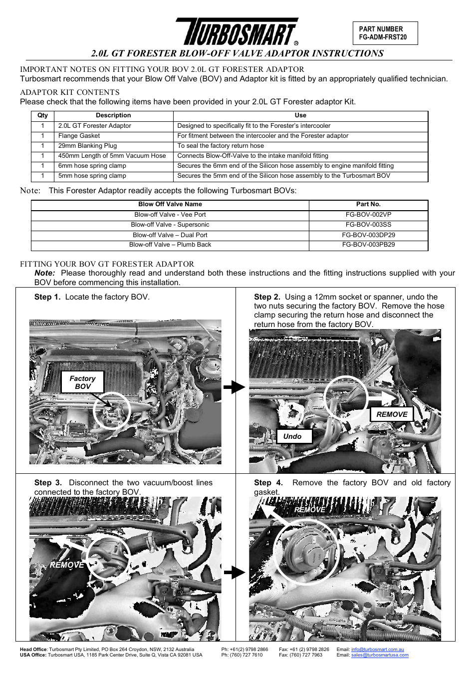 Turbosmart BOV ADAPTERS - Subaru Forester 2.0 User Manual | 5 pages