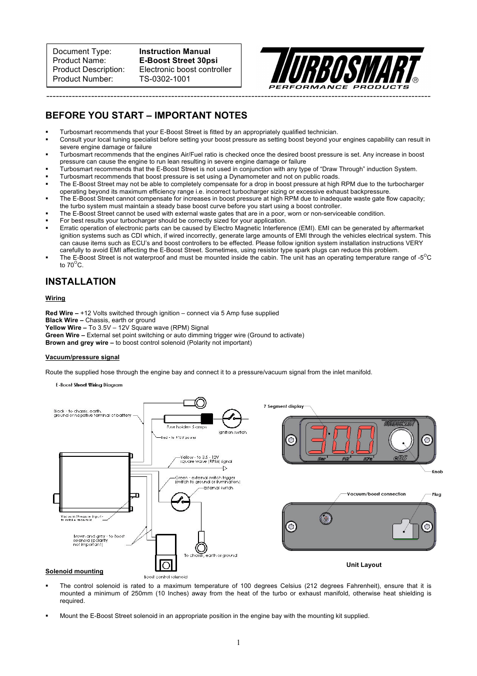 Turbosmart BOOST CONTROLLERS – ELECTRONIC - e-Boost STREET 30psi Manual User Manual | 9 pages