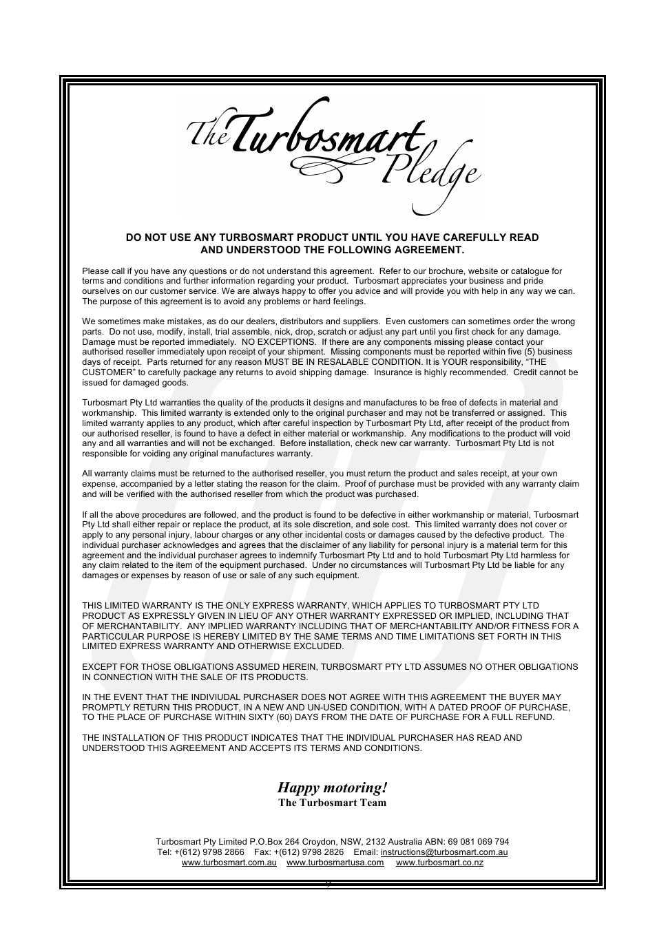 Happy motoring | Turbosmart BOOST CONTROLLERS – ELECTRONIC - e-Boost STREET 30psi Manual User Manual | Page 9 / 9