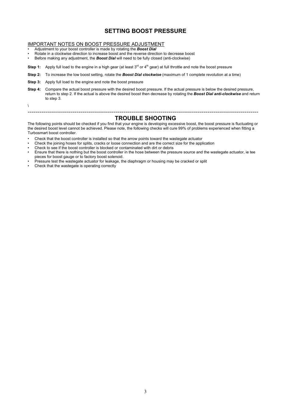 Setting boost pressure, Trouble shooting | Turbosmart BOOST CONTROLLERS - Single Stage Boost Controller User Manual | Page 3 / 4