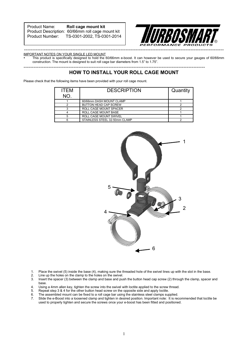 Turbosmart BOOST CONTROLLERS – ELECTRONIC - Roll Cage Mount for e-Boost2 User Manual | 2 pages