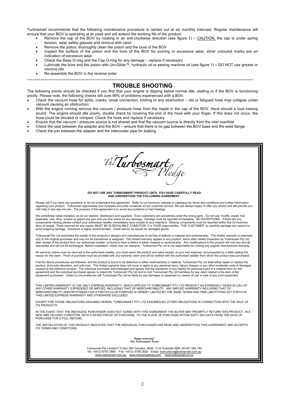 Trouble shooting | Turbosmart BLOW OFF VALVES - Supersonic – Universal User Manual | Page 2 / 2