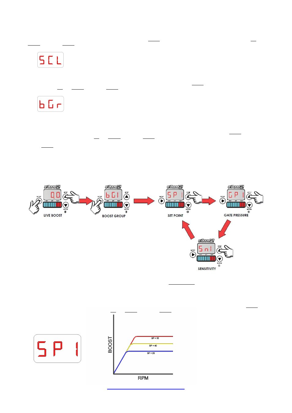 5) setting scl (scale), 6) setting bgr (bar graph), Boost setup 10) setting sp1 (set point) | Turbosmart BOOST CONTROLLERS – ELECTRONIC - e-Boost2 (2005-current) – Complete User Manual User Manual | Page 17 / 38