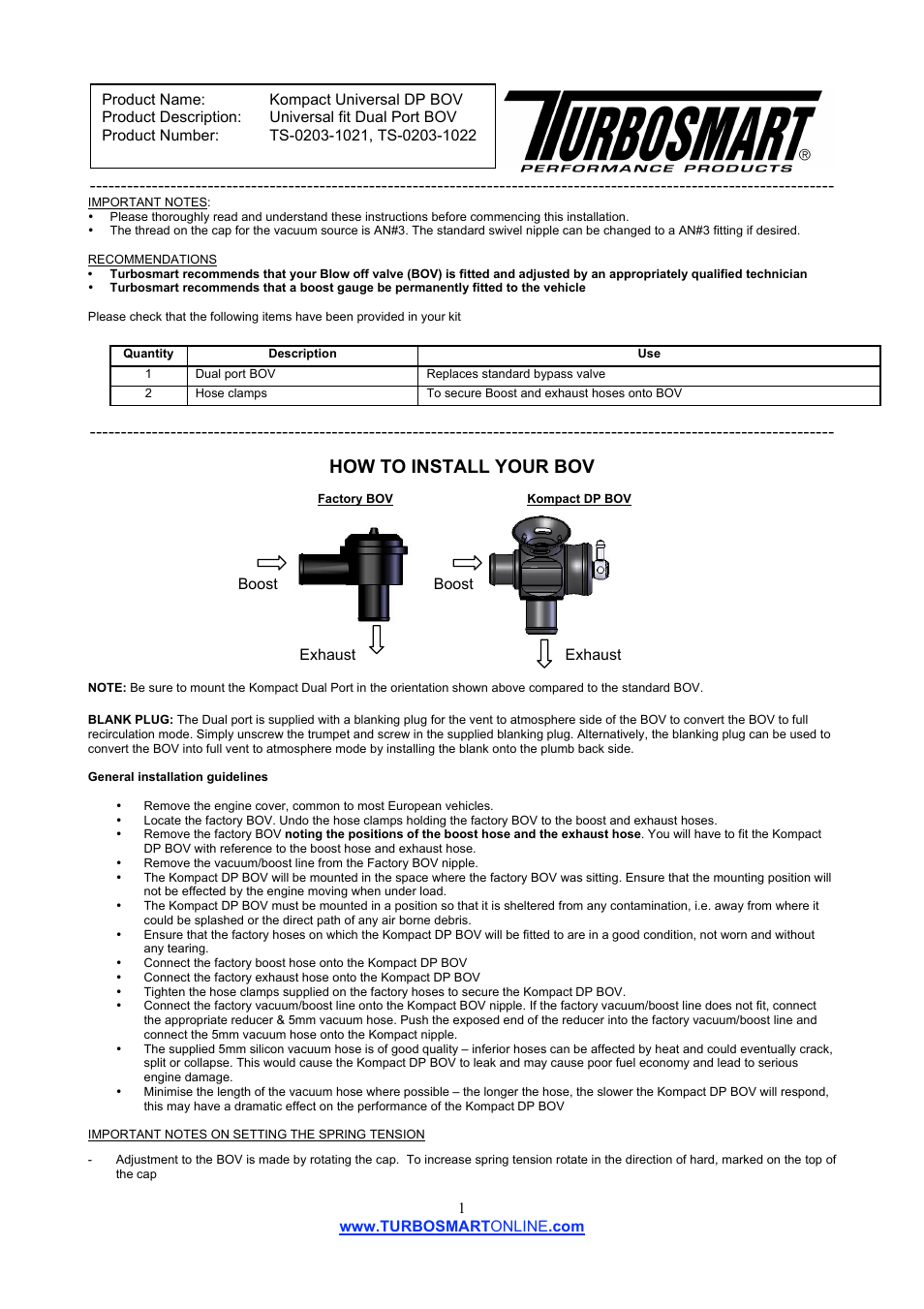 Turbosmart BLOW OFF VALVES - Dual Port – Kompact User Manual | 2 pages